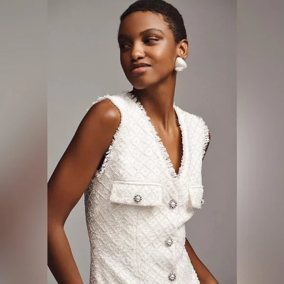 BHLDN Anthropologie Sleeveless Tweed Dress Pearl Embellished Fringed Trim NWOT - Picture 3 of 11